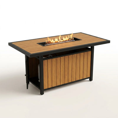 Outdoor Fire Table Built for Elevated Gatherings, 60" Premium Wood-Grain Top, Steel Frame, Ribbon Flame