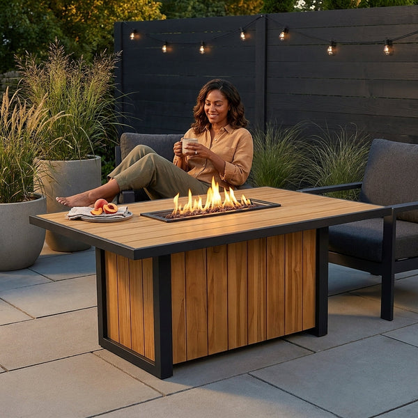 Outdoor Fire Table Built for Elevated Gatherings, 60" Premium Wood-Grain Top, Steel Frame, Ribbon Flame