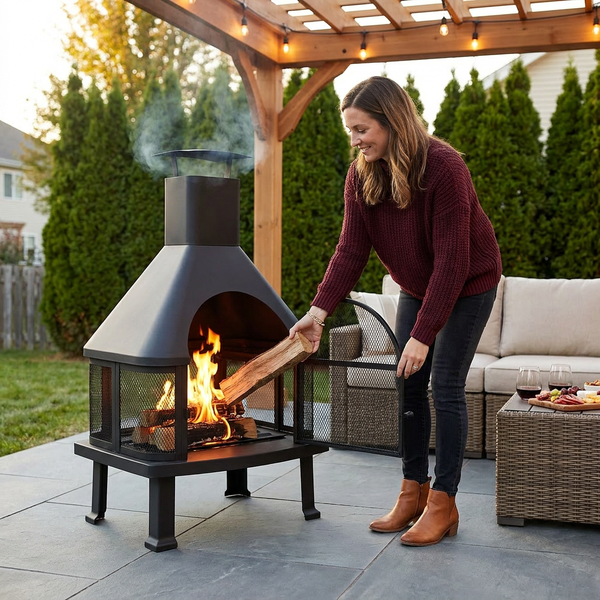 Outdoor Chimney Fireplace Designed for Patio Entertainment, 360° View, Powder-Coated Steel, Spark Screen Door
