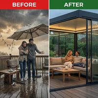 Enclosed Glass Pavilion Built to Last All Seasons, Aluminum Frame, Tempered Glass Walls, LED Lighting — Before & After