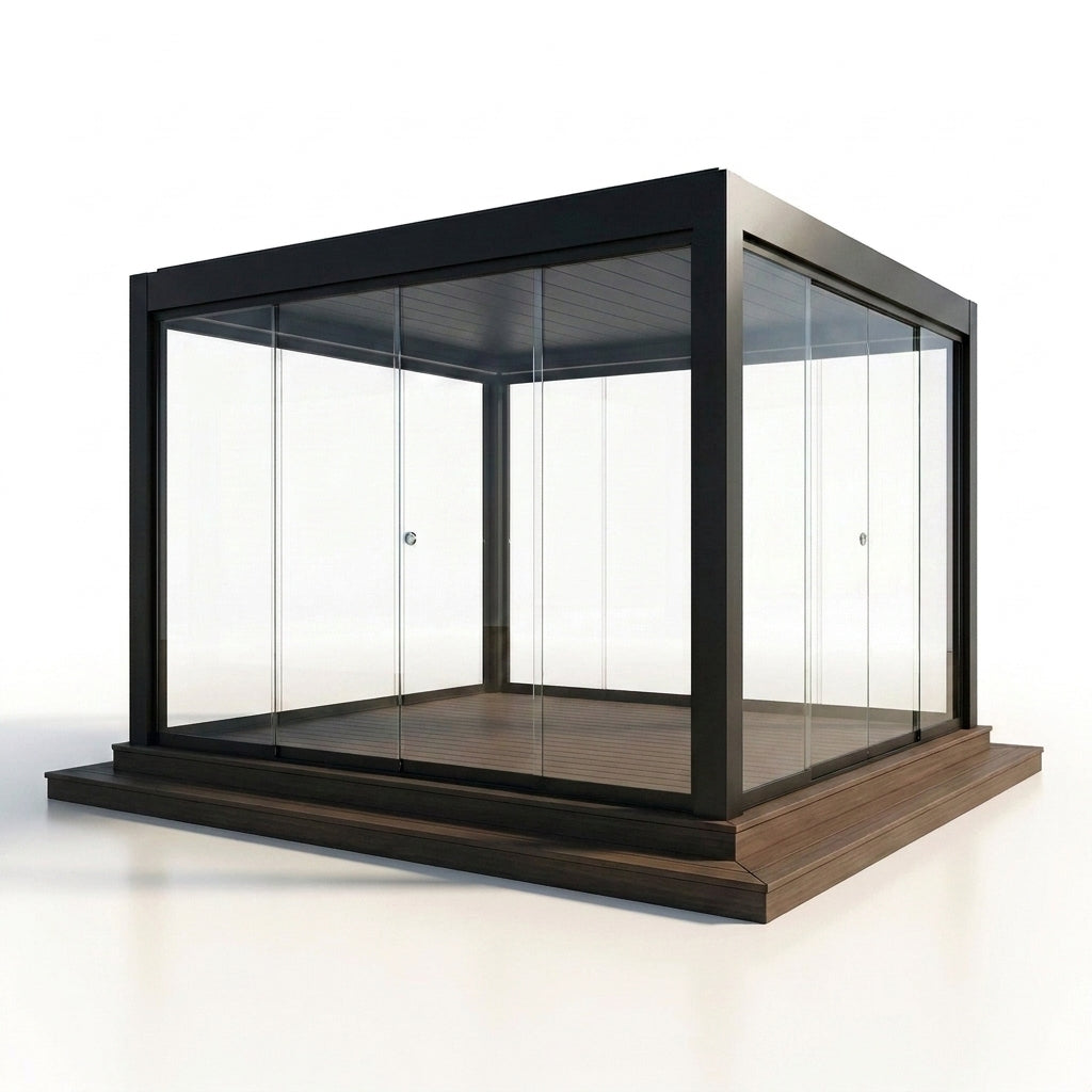 Enclosed Glass Pavilion Built to Last All Seasons, Aluminum Frame, Tempered Glass Walls, LED Lighting — Studio Shot