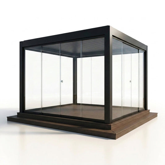 Enclosed Glass Pavilion Built to Last All Seasons, Aluminum Frame, Tempered Glass Walls, LED Lighting — Studio Shot