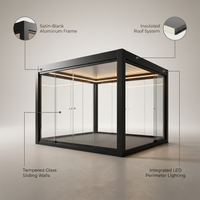 Enclosed Glass Pavilion Built to Last All Seasons, Aluminum Frame, Tempered Glass Walls, LED Lighting — infographic